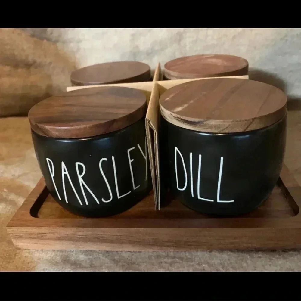 Rae‎ Dunn Black Four Herb Thyme Basil Dil Parsley Set With Tray